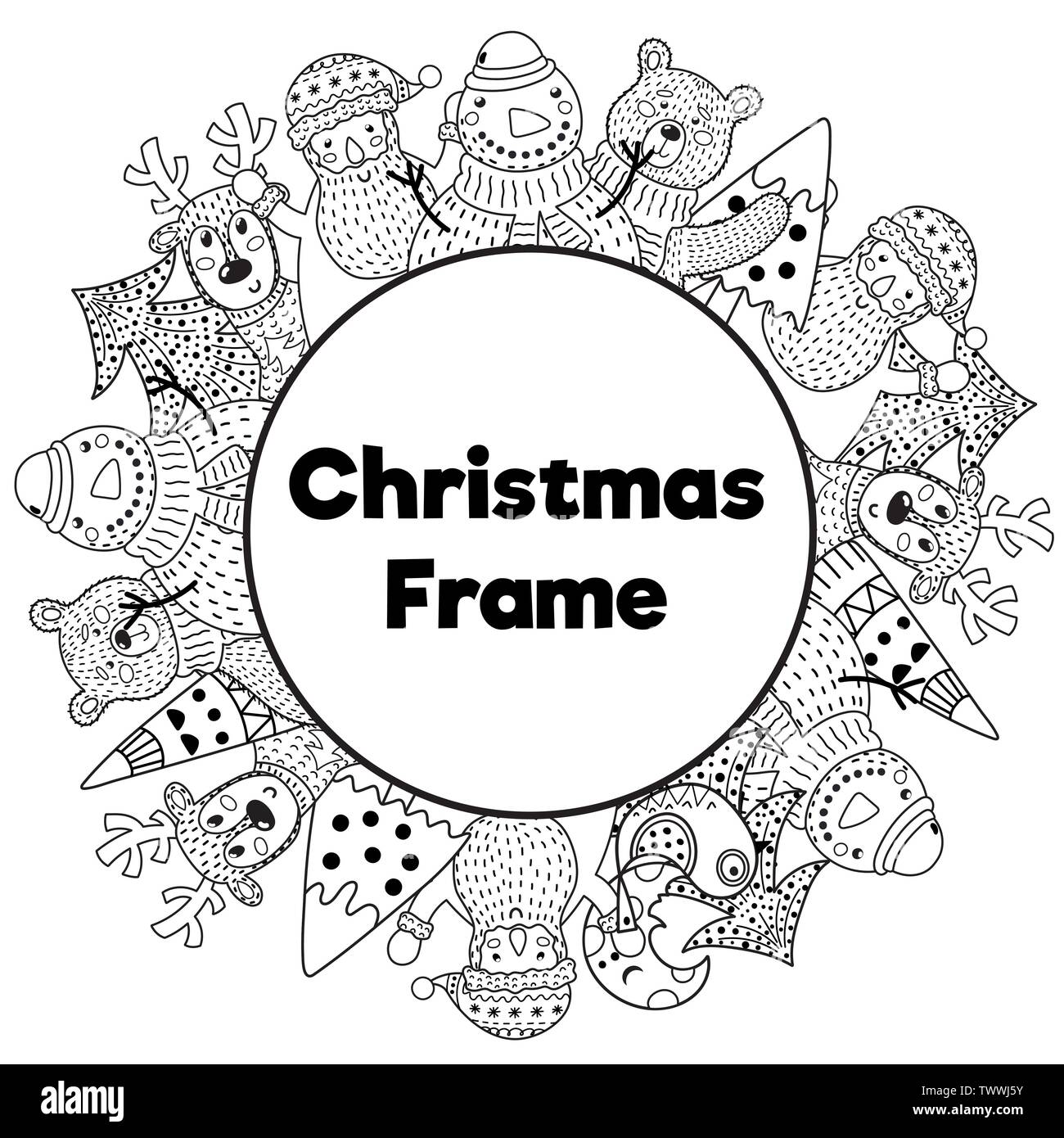 Black and white christmas frame in coloring page style place for your text snowman santa deer bear and christmas tree vector illustration stock vector image art