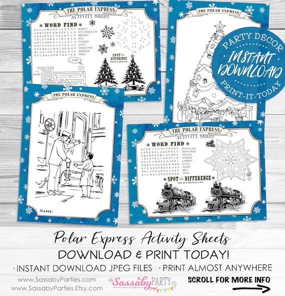 Polar express activity sheets instant download printable blue birthday christmas party games coloring maze find a word xmas train download now