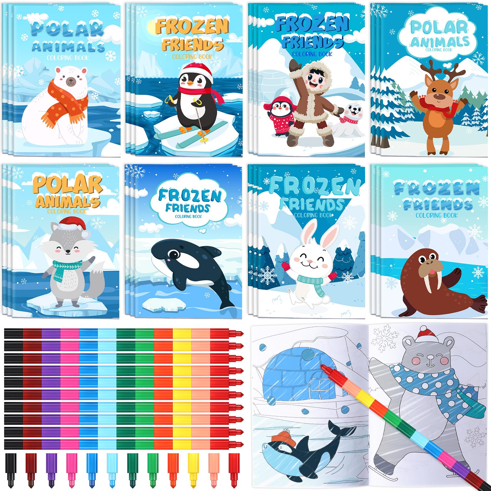 Funrous sets winter coloring books with crayons bulk winter party favors pack animals polar bear peguin coloring pages for toddlers holiday class gifts activity supplies goodies bags fillers toys