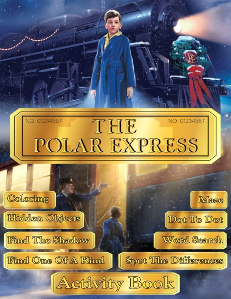 The polar express activity book relaxation adult kid one of a kind hidden objects maze find shadow spot differences dot to dot word search coloring activities books for men and women