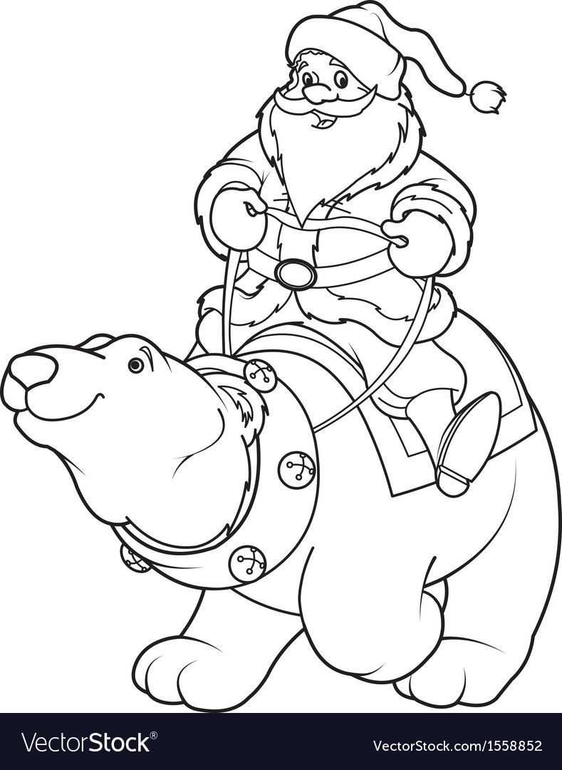 Santa claus riding on polar bear coloring page vector image