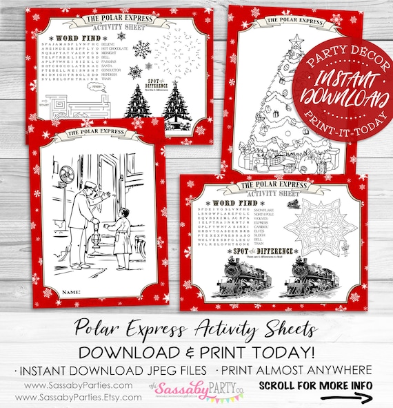 Polar express activity sheets instant download printable red christmas birthday party games puzzles coloring sheets activities train