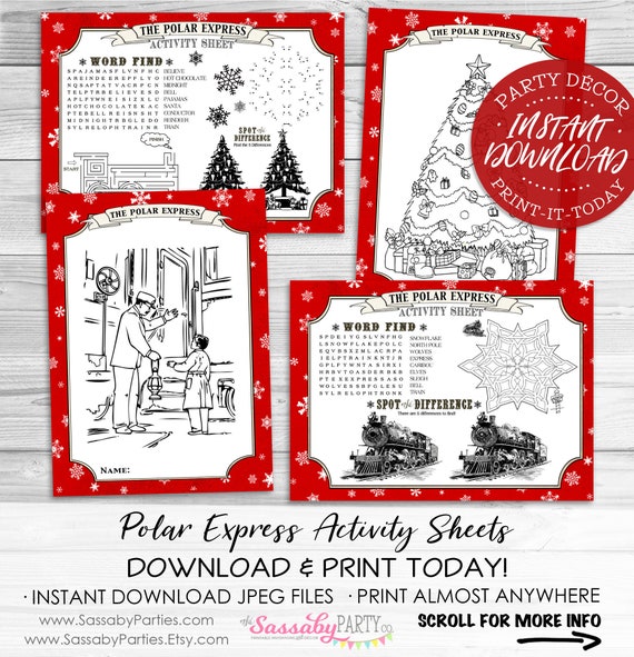 Polar express activity sheets instant download printable red christmas birthday party games puzzles coloring sheets activities train