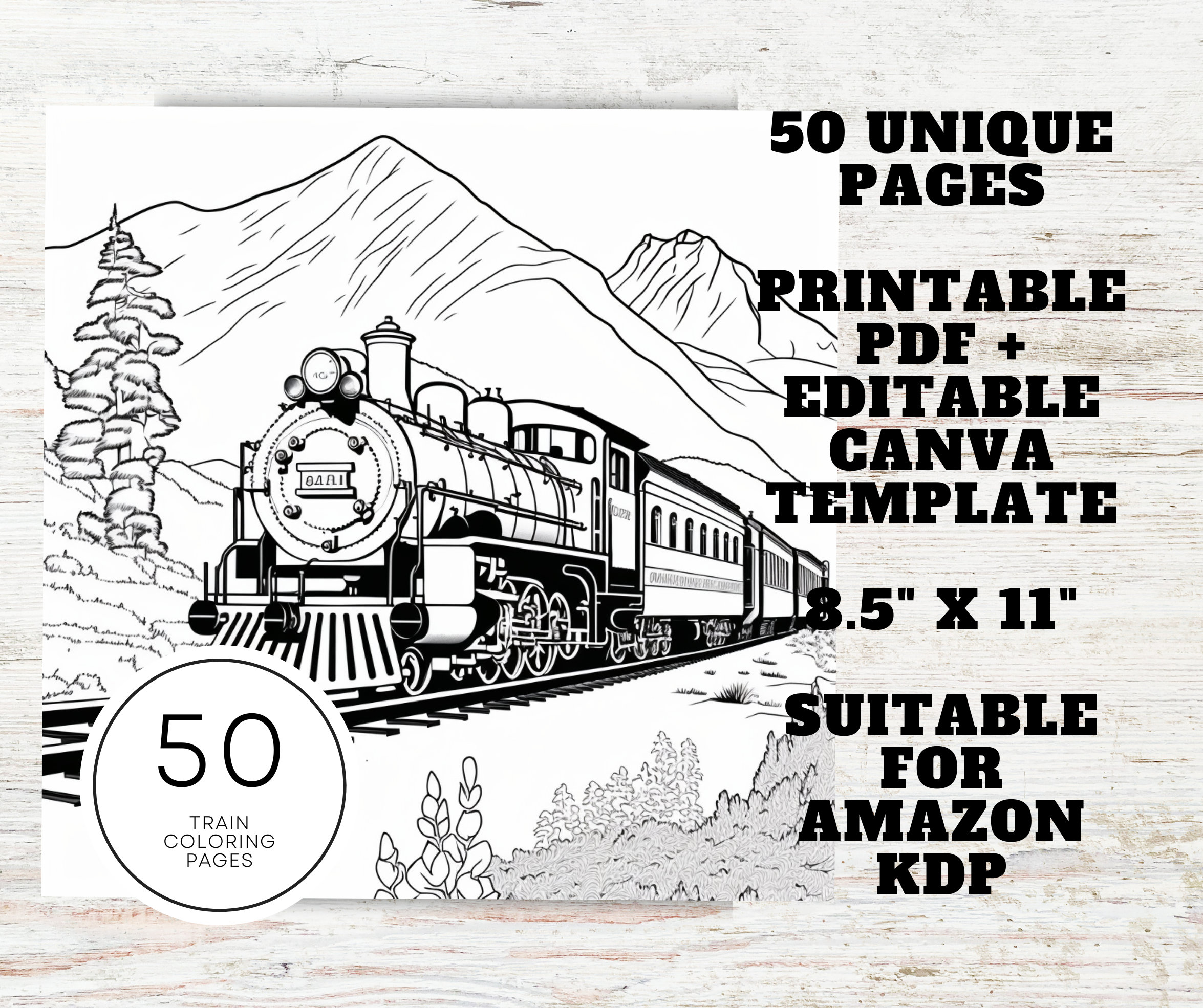 Kdp interior train coloring pages x printable pdf canva template kids coloring book mercial use activity book