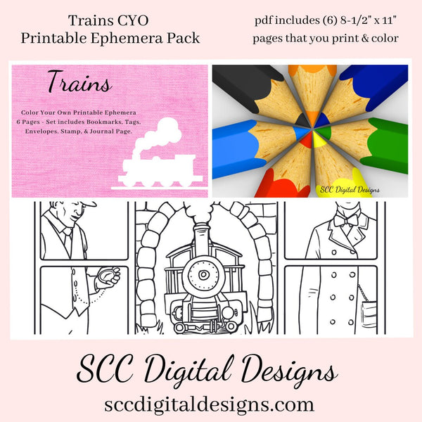 Train coloring pages color your own art printable ephemera set tags â scc digital designs