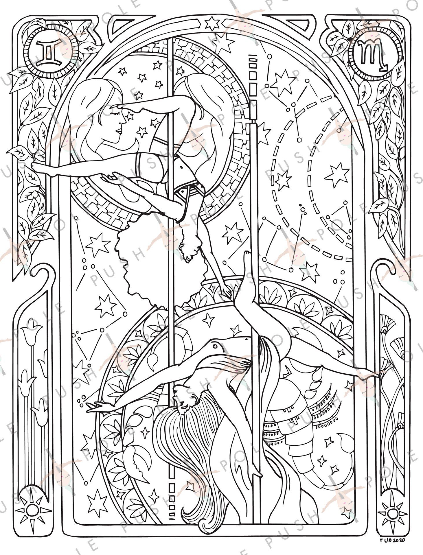 Download or print this amazing coloring page scorpio gemini pole dance digital coloring page dance coloring pages pole dancing coloring pages