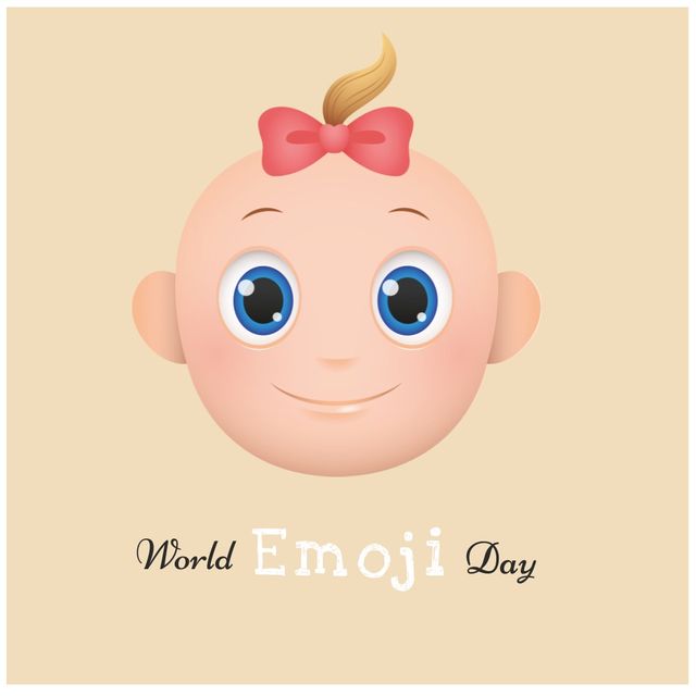 Illustration of cute baby girl emoticon with world emoji text on peach background copy space from