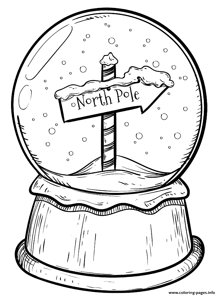 Christmas snow globe with north pole sign coloring page printable