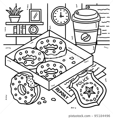 Police badge donuts coffee coloring page