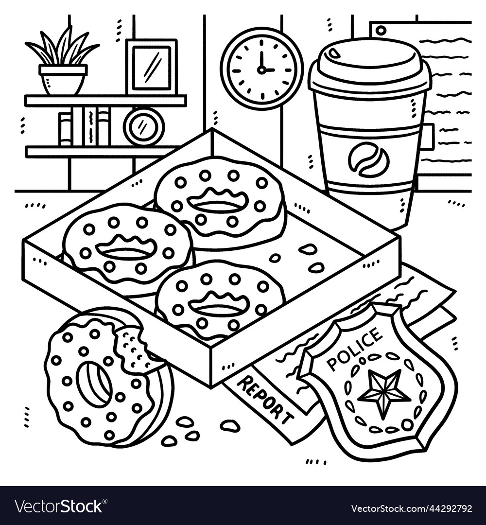 Police badge donuts coffee coloring page vector image