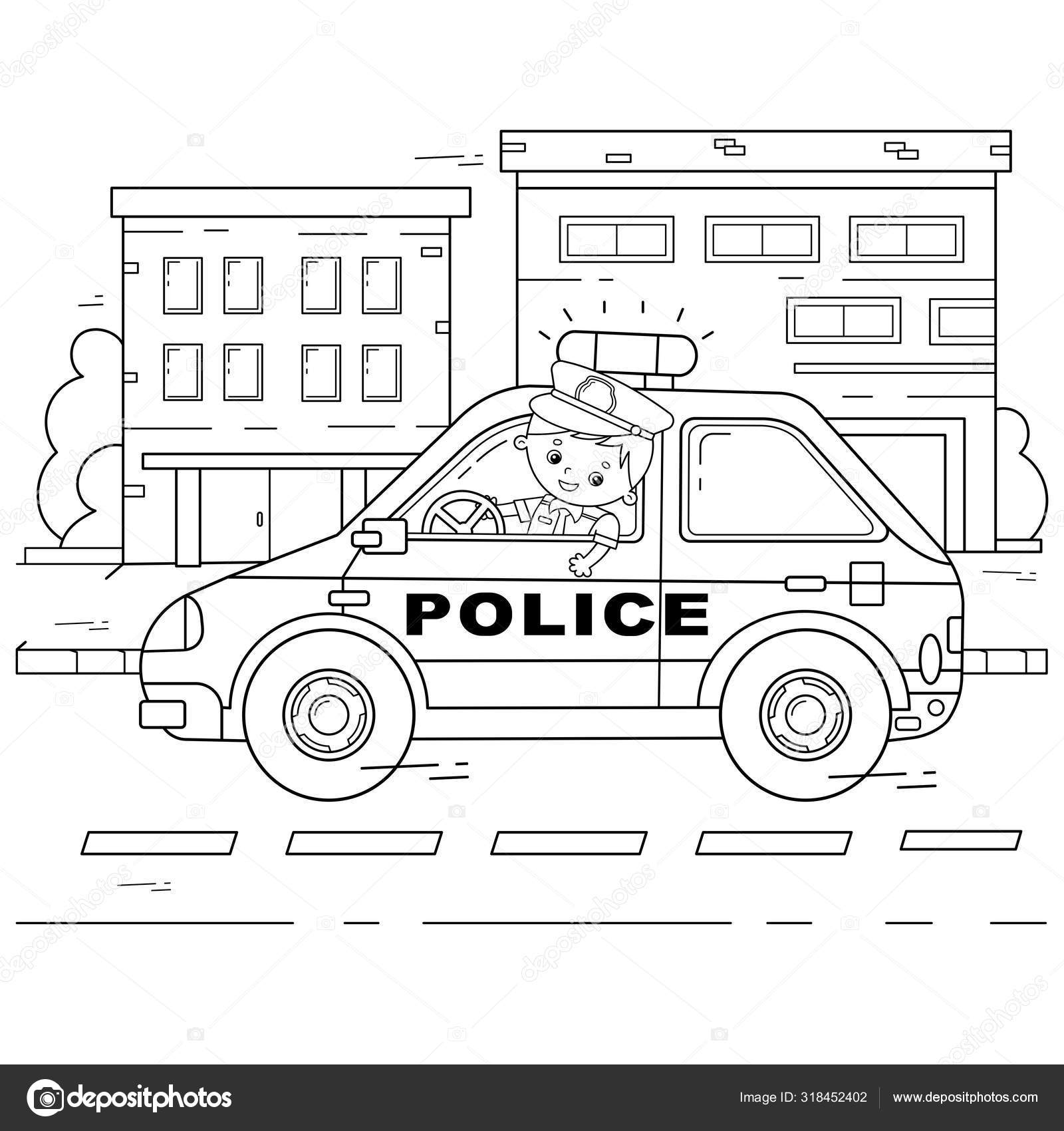 Coloring page outline of cartoon policeman with car profession