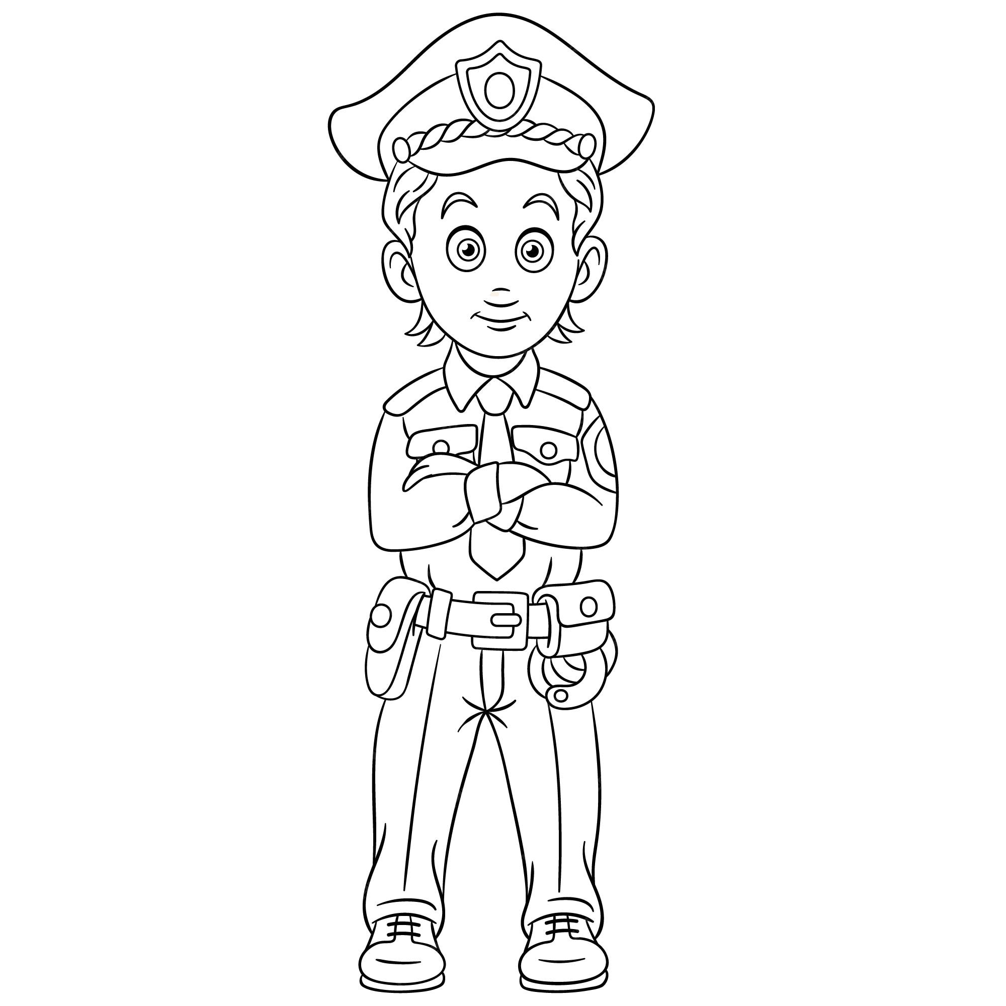 Premium vector cute young policeman cartoon coloring book page for kids