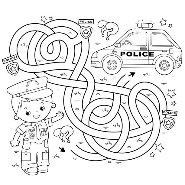 Police officer coloring page for kids stock illustrations royalty
