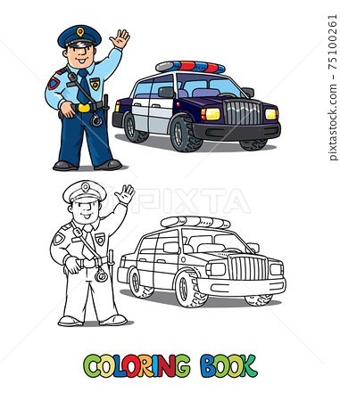 Policeman in uniform and police car coloring book