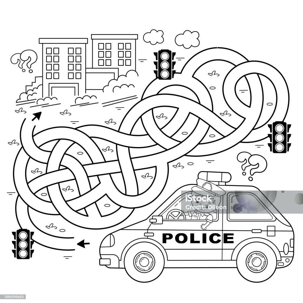 Maze or labyrinth game puzzle tangled road coloring page outline of cartoon policeman with car profession police coloring book for kids stock illustration