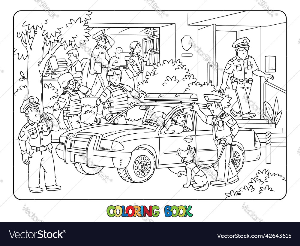 Police station car and officers coloring book vector image