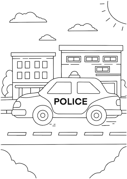 Premium vector children coloring book page police car in the city illustration