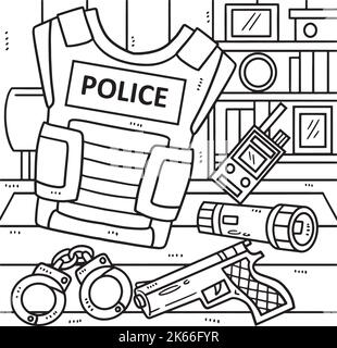 Police officer equipment coloring page for kids stock vector image art