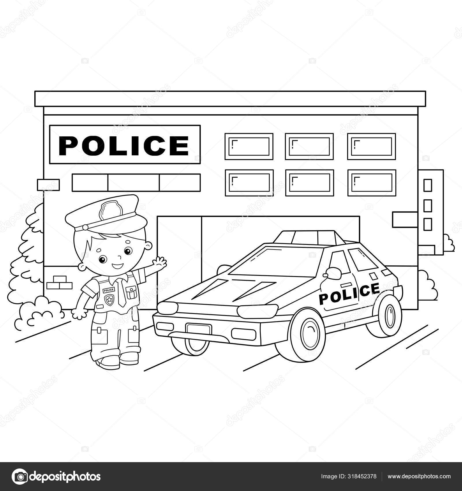 Coloring page outline of cartoon policeman with car profession
