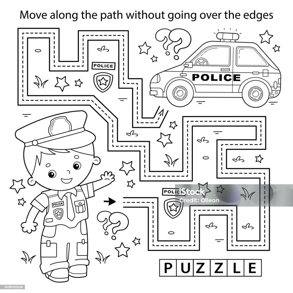 Handwriting practice sheet simple educational game or maze coloring page outline of cartoon policeman with car profession police coloring book for kids stock illustration