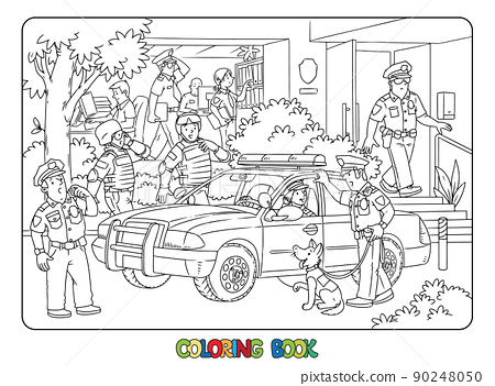 Police station car and officers coloring book