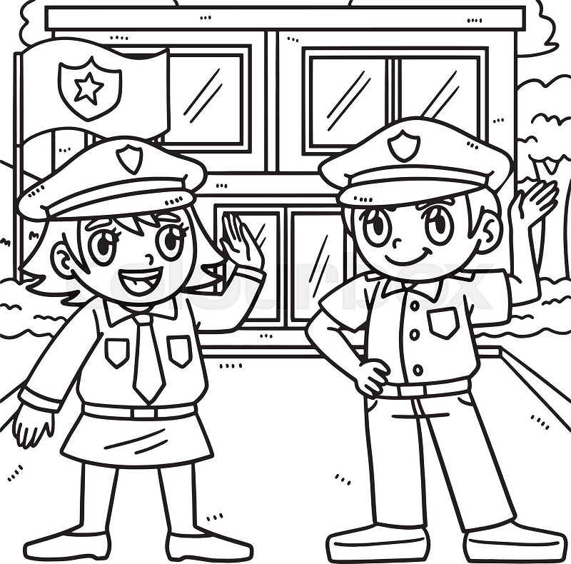 Police officers talking coloring page for kids stock vector