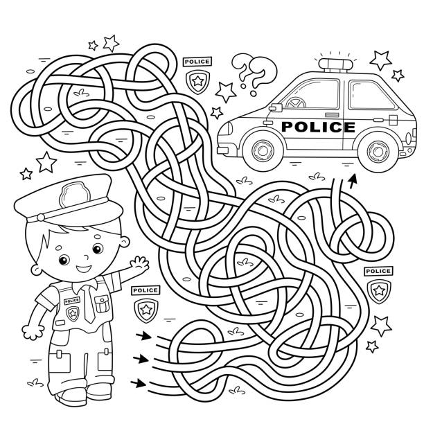 Police officer coloring page for kids stock illustrations royalty