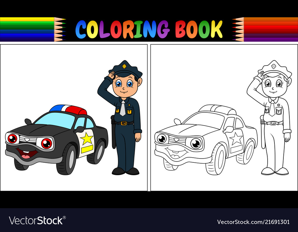 Coloring book with policeman and police car vector image