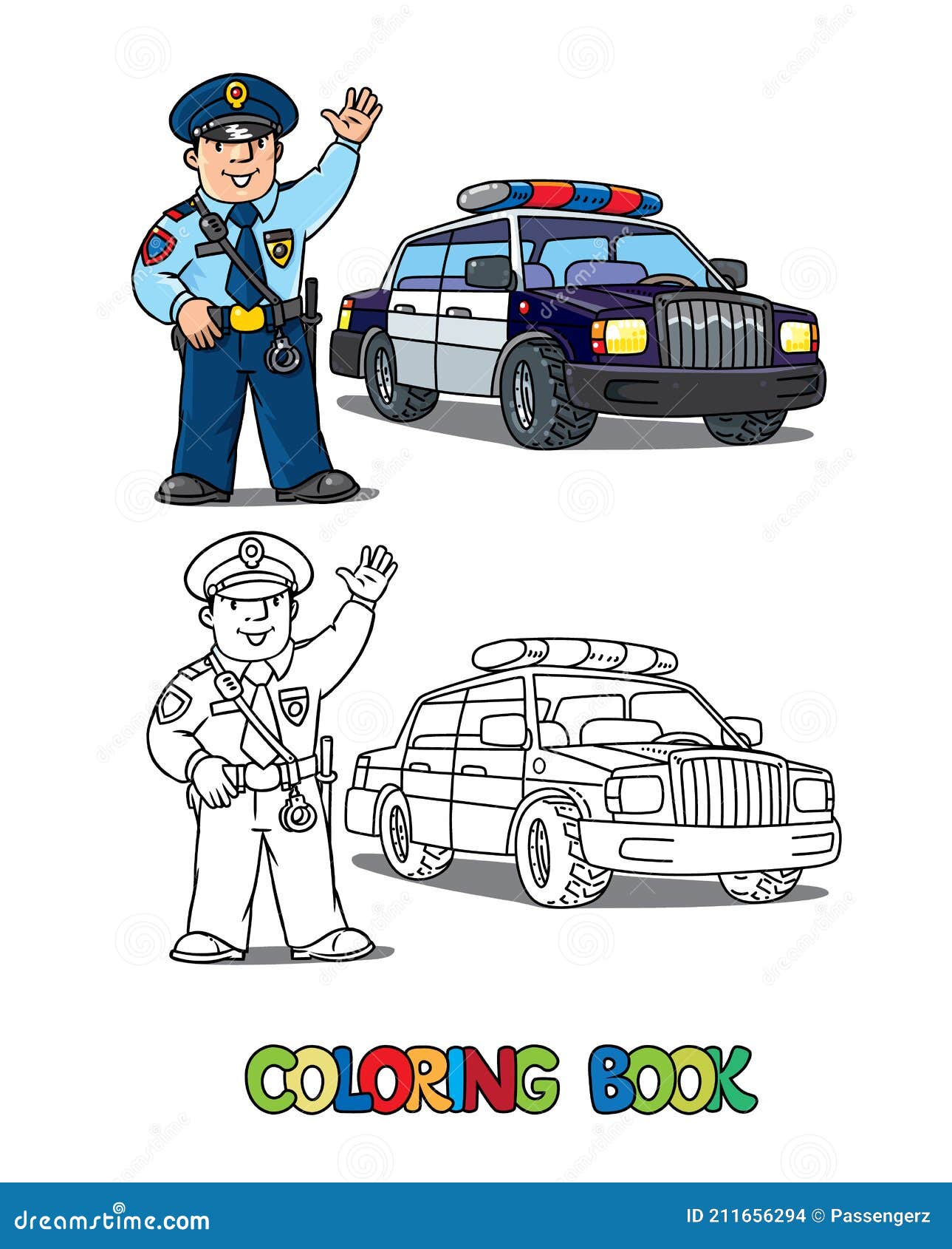 Policeman in uniform and police car coloring book stock vector