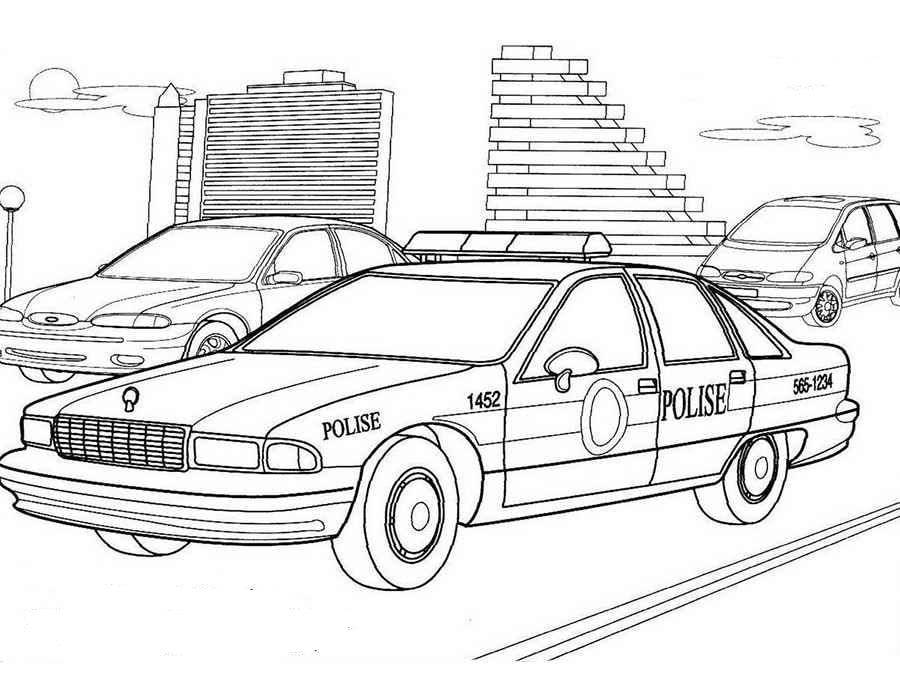 Drawing of a police car traveling in the city coloring page