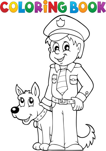 Coloring book policeman with guard dog stock illustration