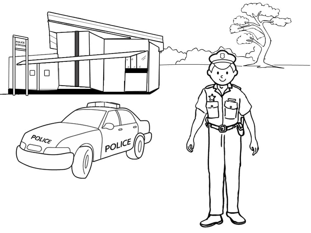 Police and police station coloring page