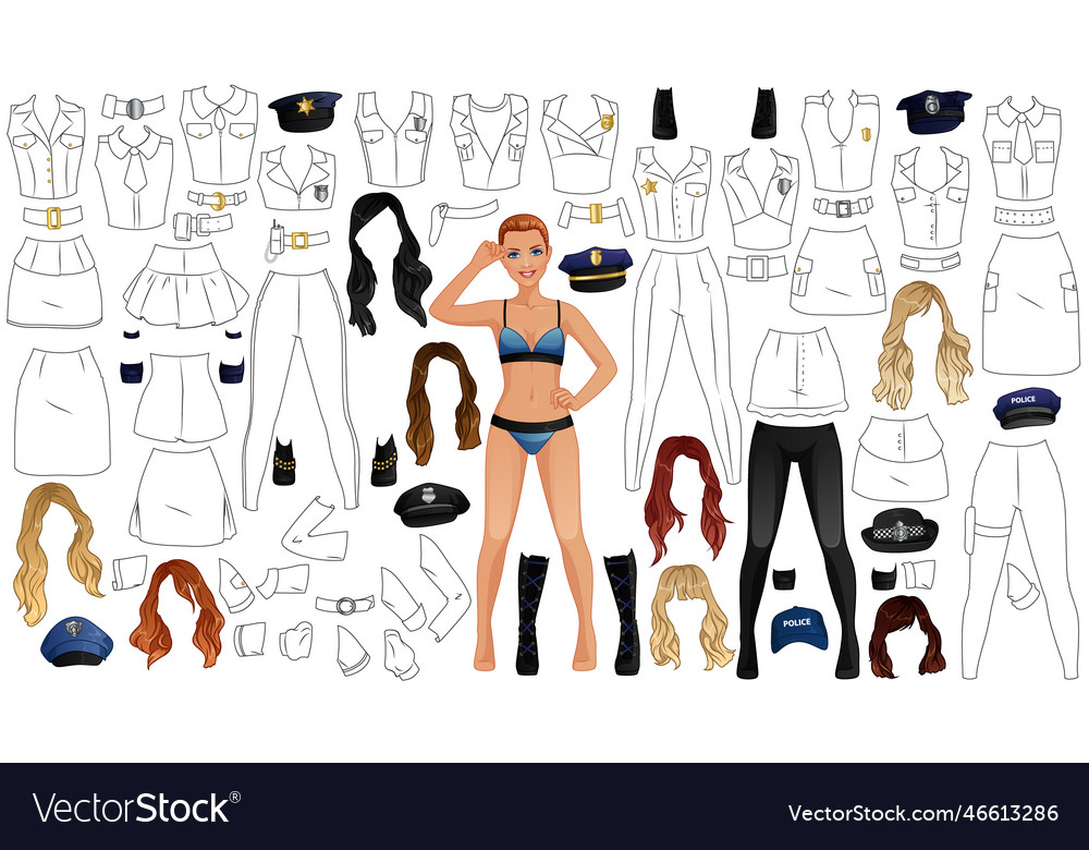 Police uniform coloring page paper doll royalty free vector