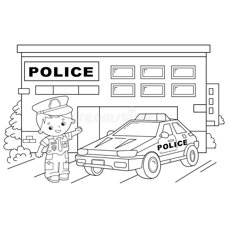 Coloring page with policeman police man officer stock vector