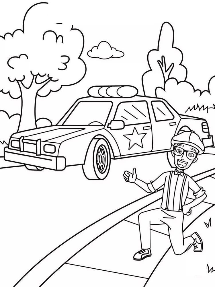 Blippi and police car coloring page