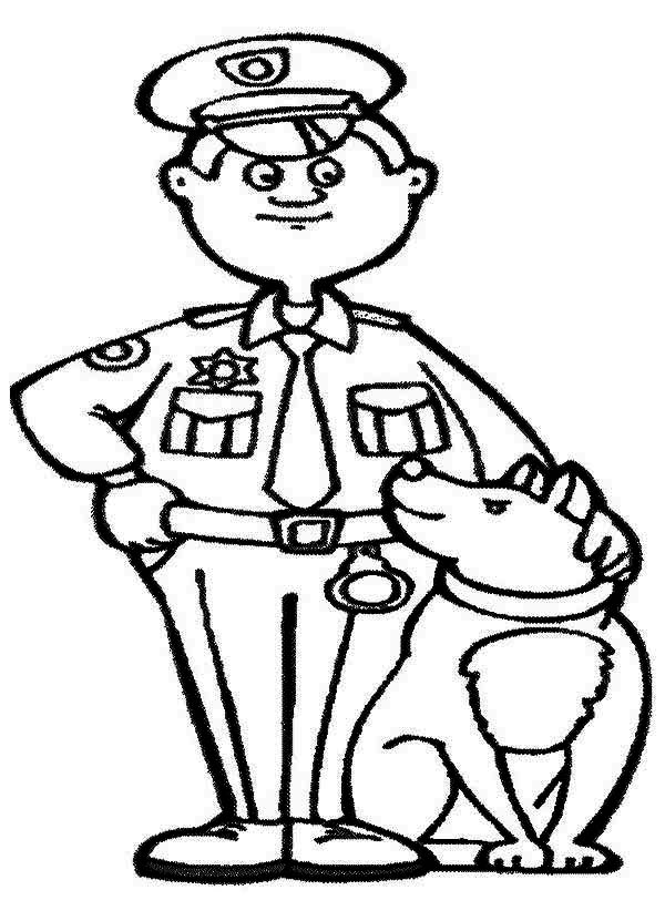 Police officer and his dog coloring page