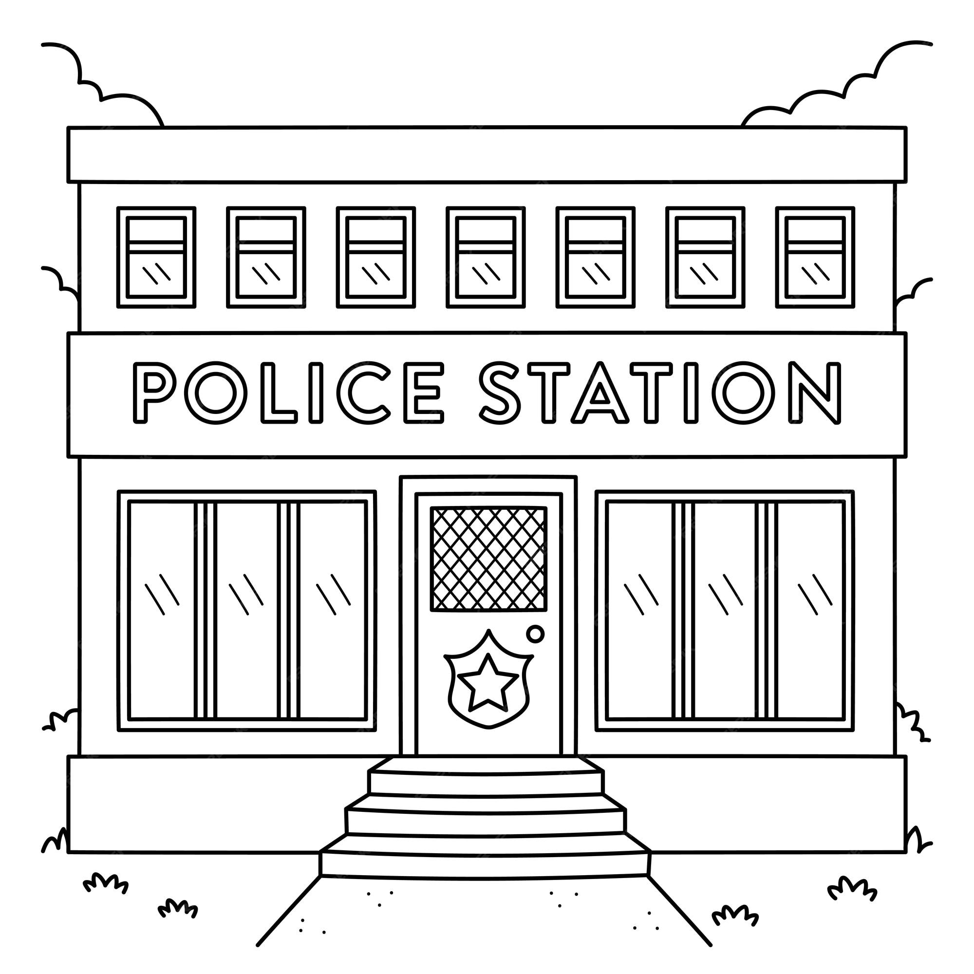 Premium vector police station coloring page for kids