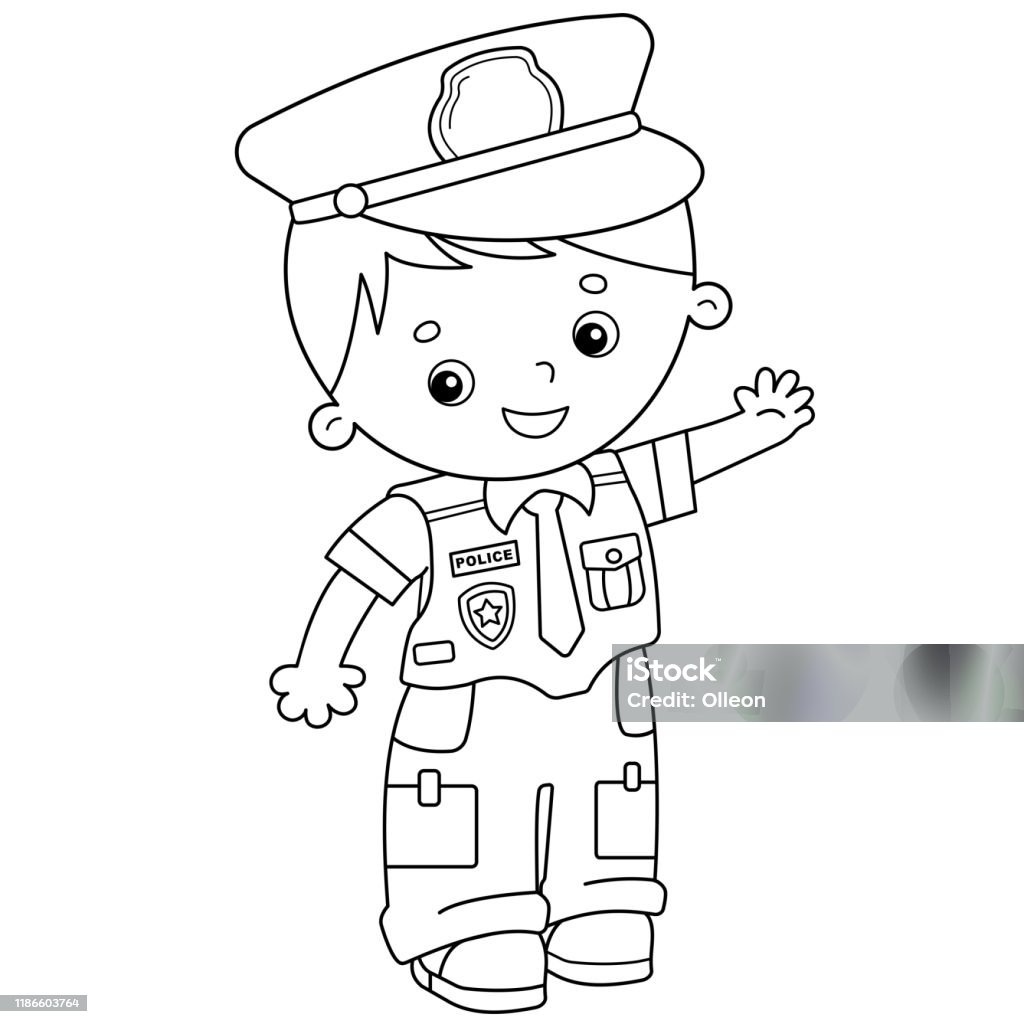 Coloring page outline of cartoon policeman profession police coloring book for kids stock illustration