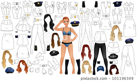 Police uniform coloring page paper doll with