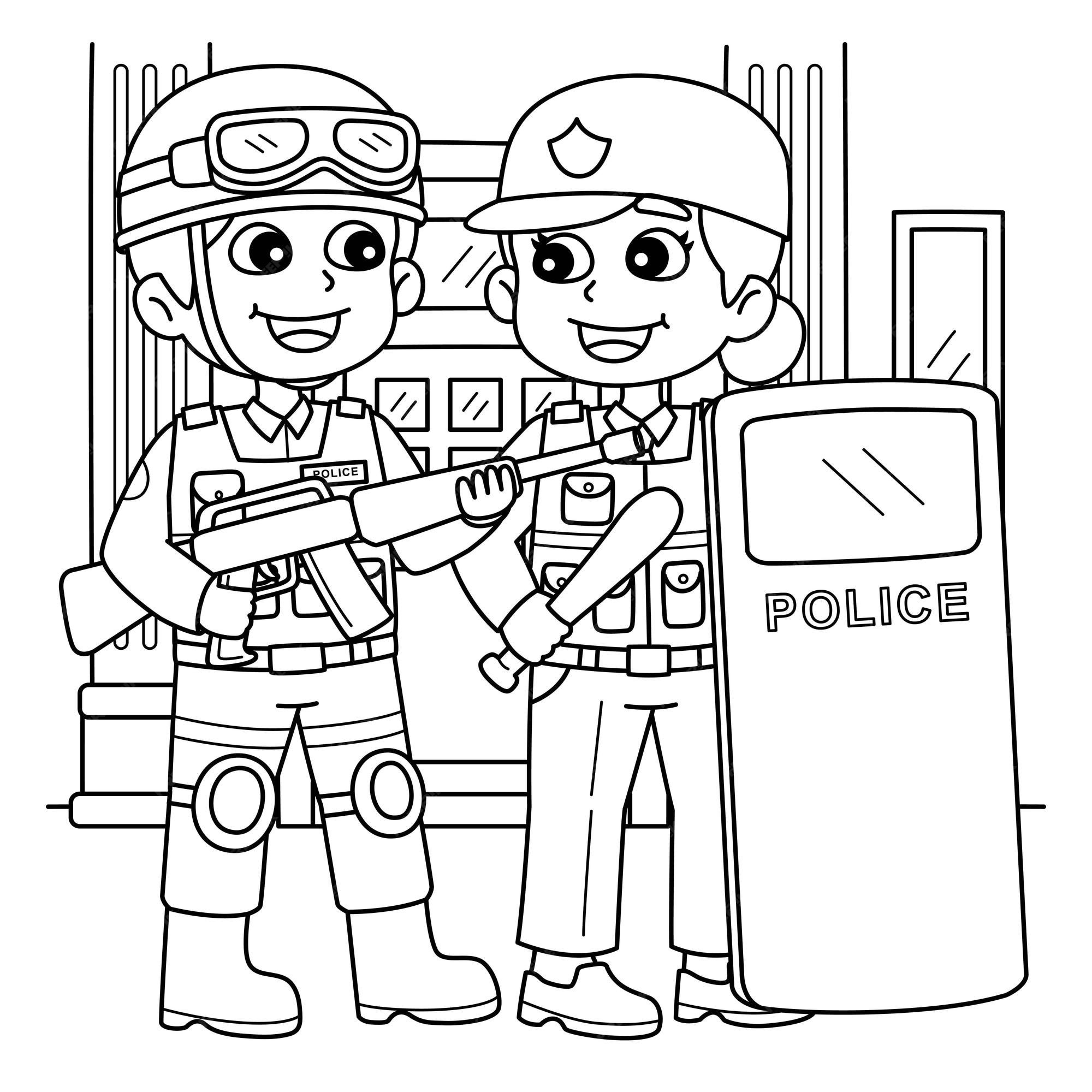 Premium vector police officer with full gear coloring page