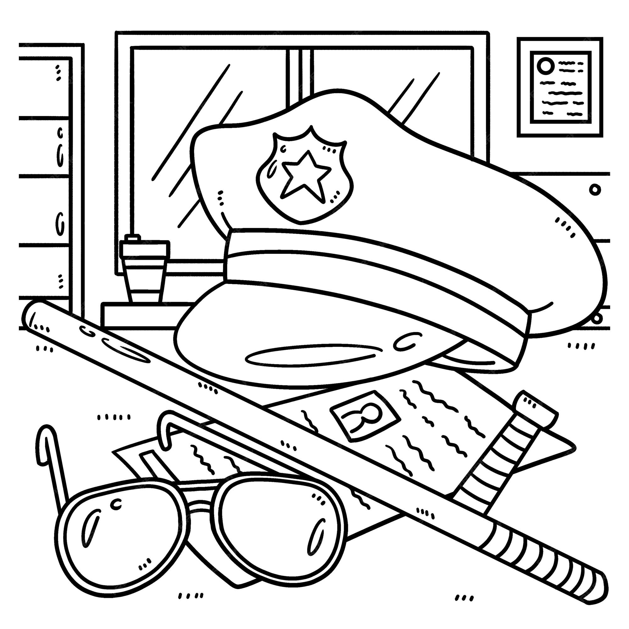Premium vector police hat and baton coloring page for kids