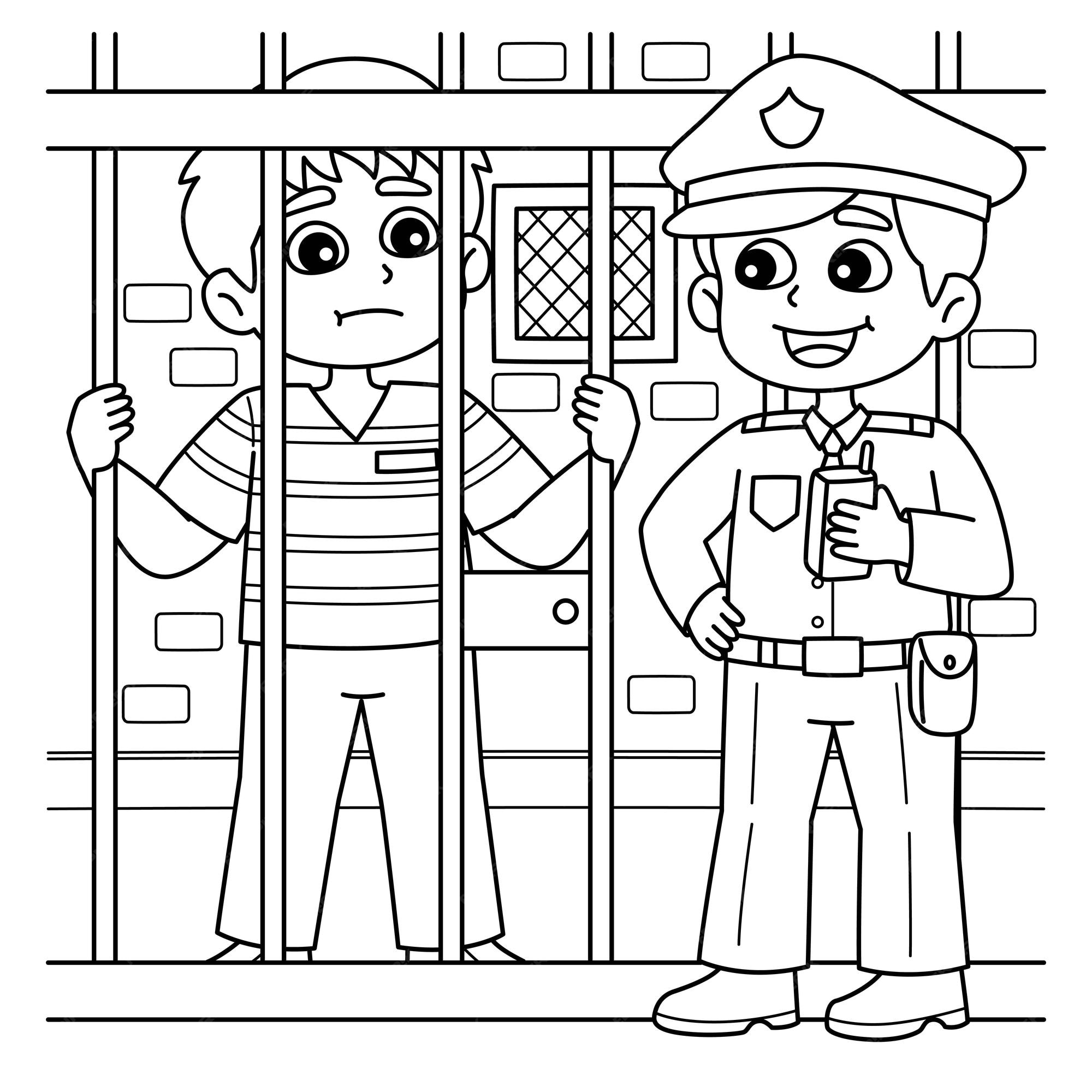 Premium vector police man and prisoner coloring page for kids