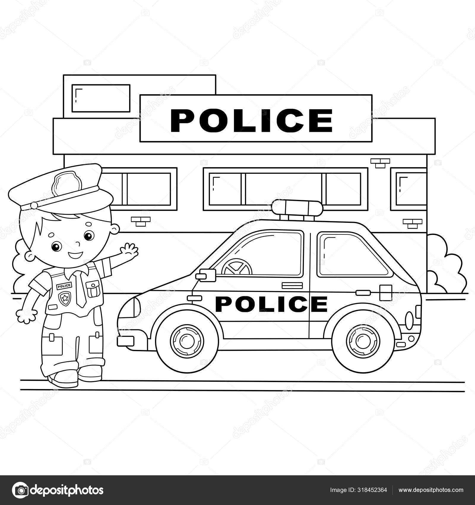 Coloring page outline of cartoon policeman with car profession