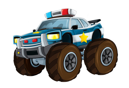 Cartoon police car like monster truck on white background