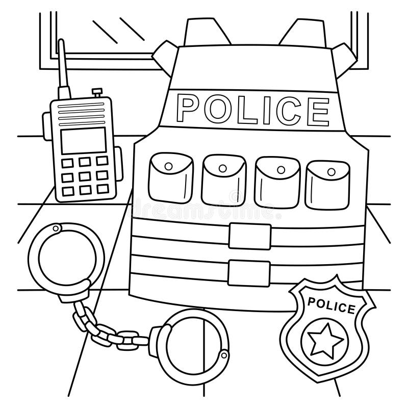 Police officer equipment coloring page for kids stock vector