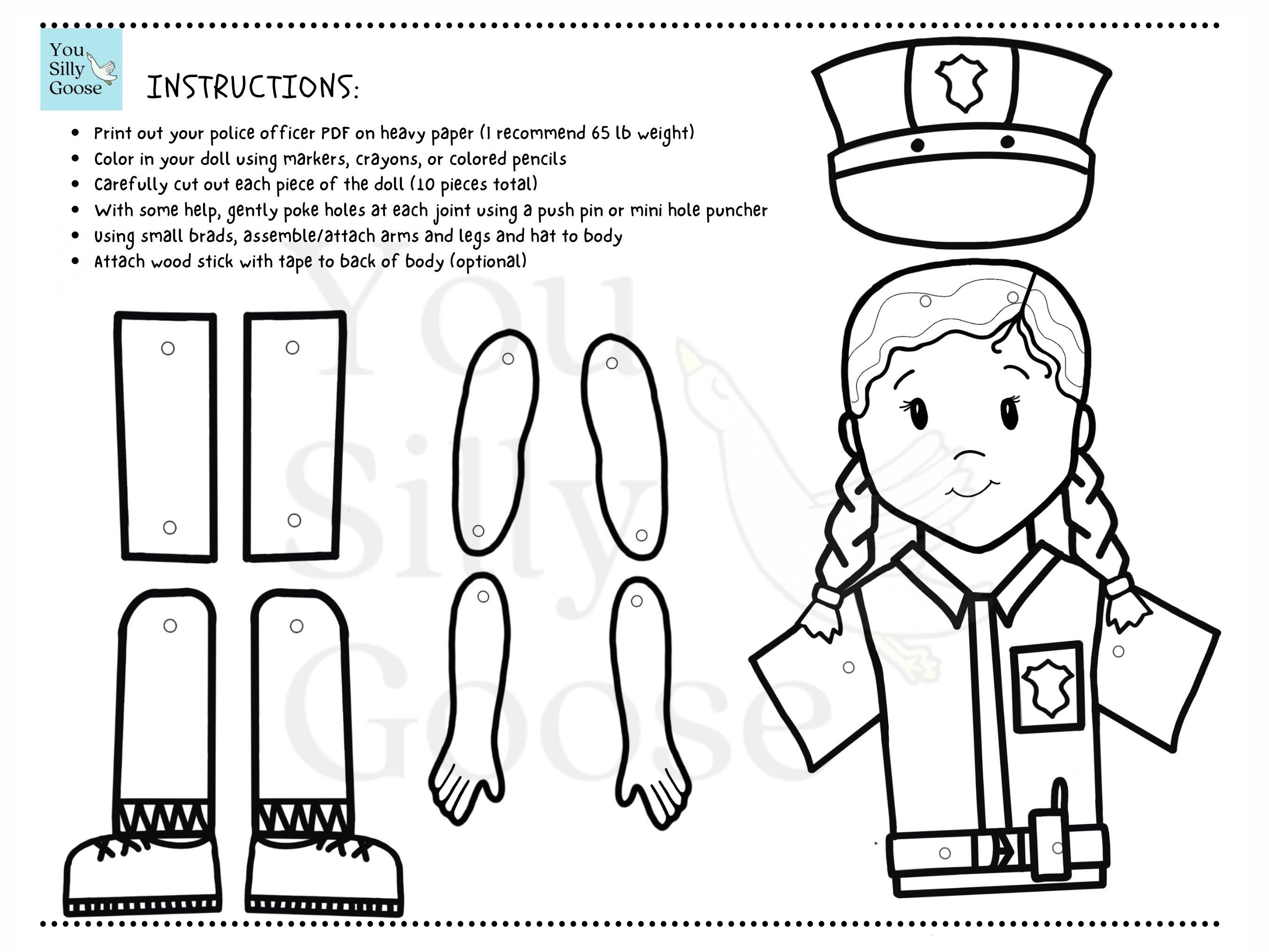 Craft paper doll police officer fire fighter articulated doll paper craft art project childrens paper craft fire fighter