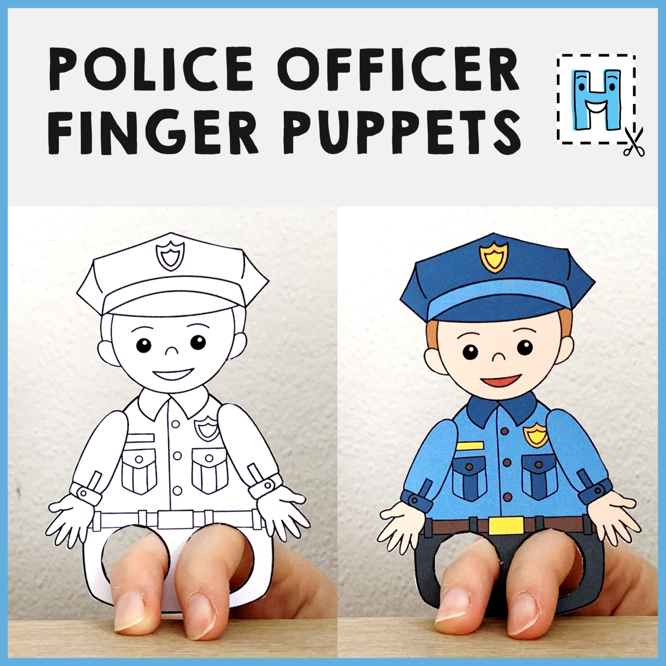 Police officer finger puppet printable career day coloring paper craft activity made by teachers