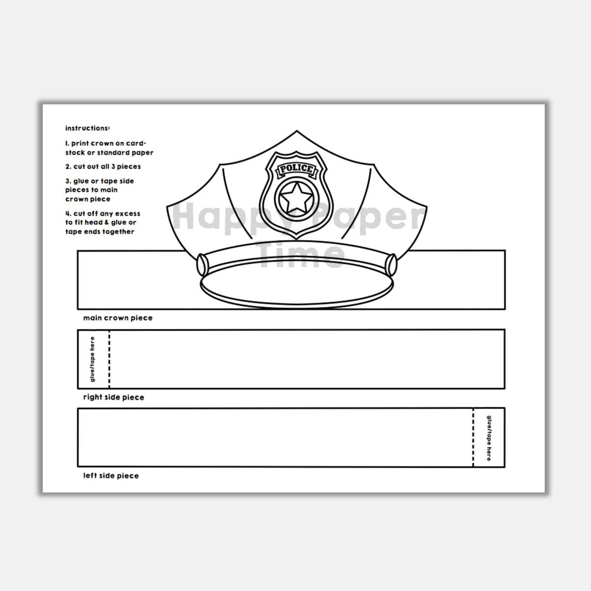 Police hat paper crown printable coloring craft made by teachers