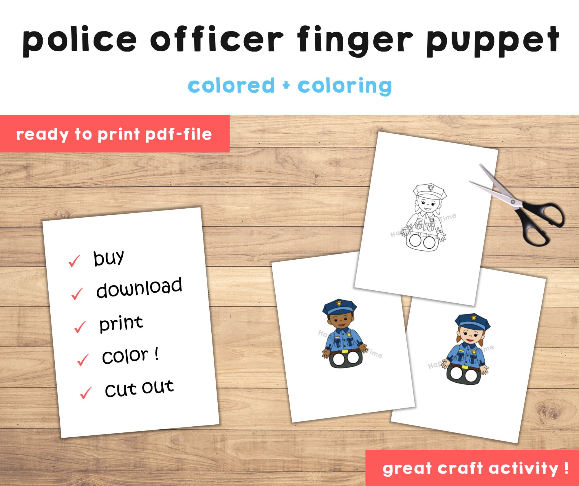 Police officer paper craft printable munity helper finger puppet kids policeman craft career day kids coloring puppet instant download