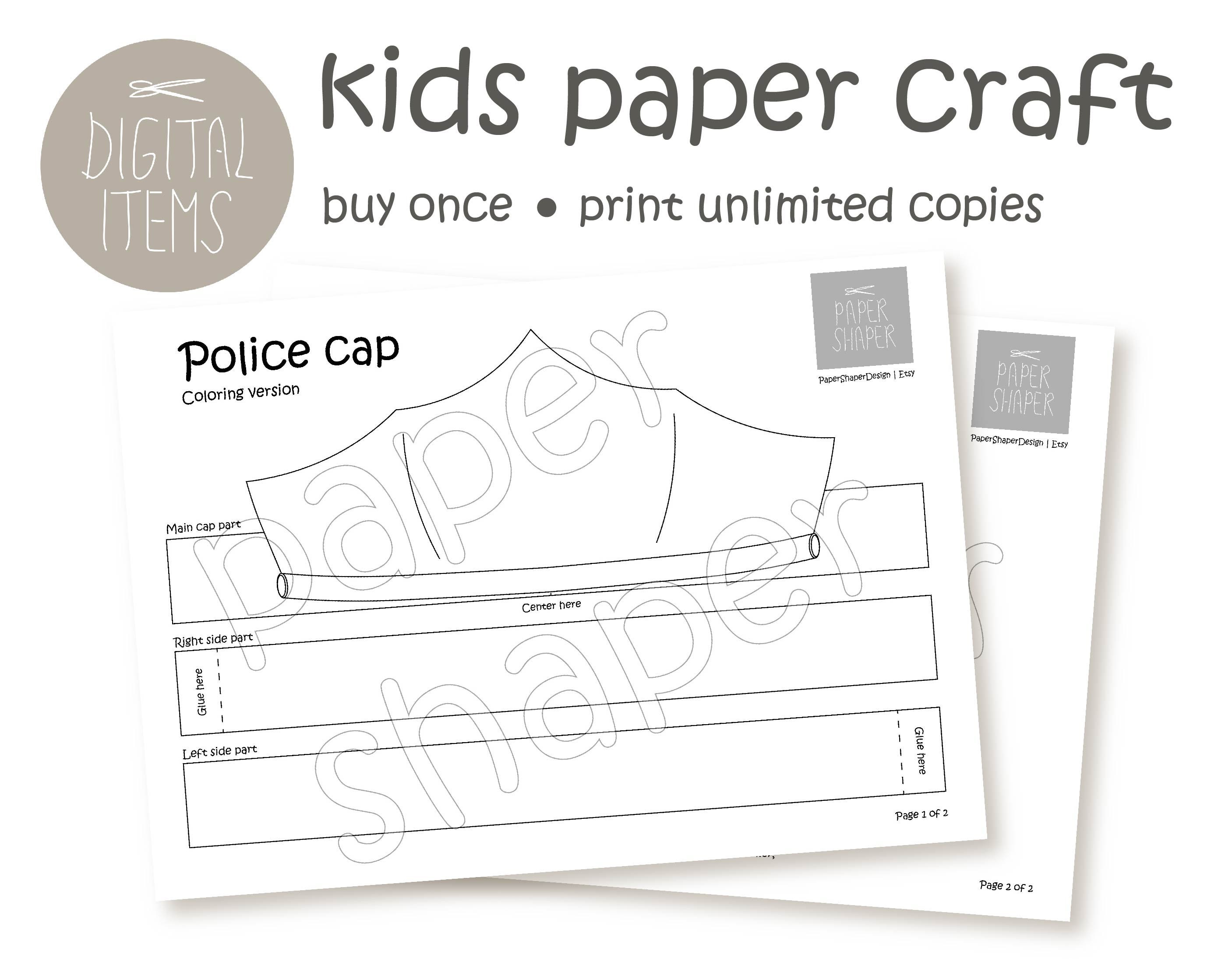 Printable police paper cap colored coloring crown pattern kids paper craft pdf template policeman mask classroom resource digital download